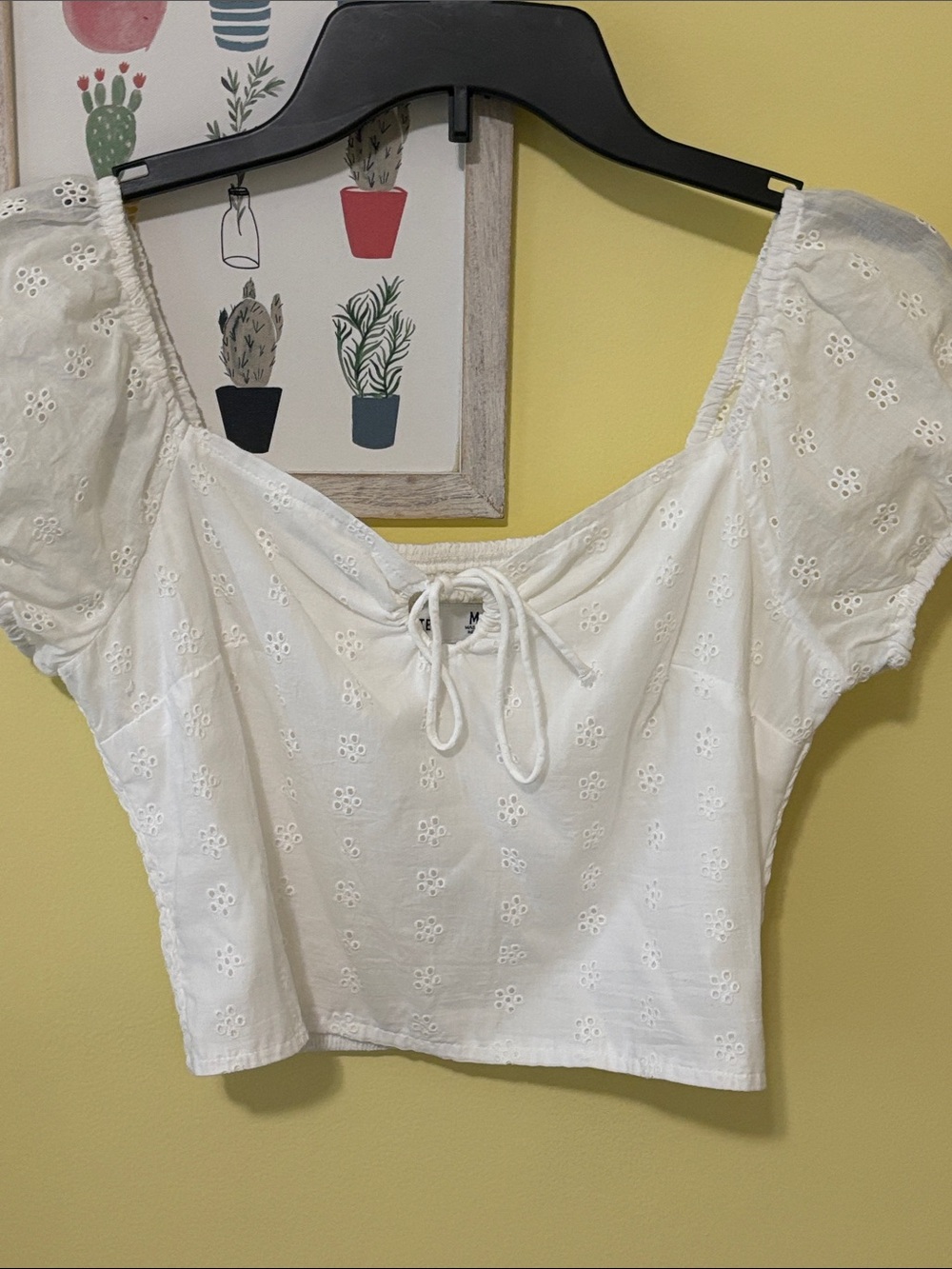 Hollister White Eyelet Tie-Front Puff Sleeve Crop Top
